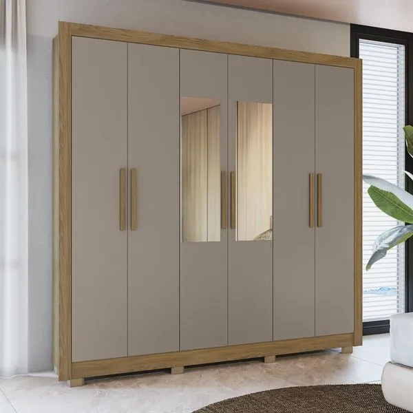 Guarda Roupa com 6 Portas/2 Gavetas/Espelho e Pés - Nogueira/Fendi