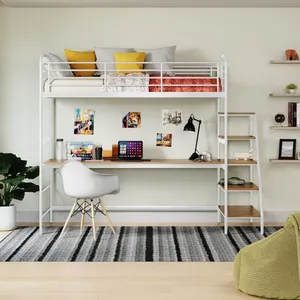 Cama Alta com Escrivaninha Multifuncional em Aço Carbono Tubular Teko Casatema Branco Fosco / Álamo