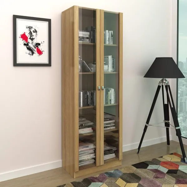 Armário para Escritório com 2 Portas de Vidro e 5 Prateleiras ME4115 Amendoa