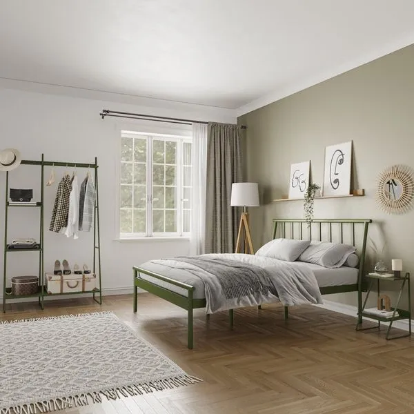 Conjunto Cama Queen 2 Mesa de Cabeceira e Arara de Roupas em Aço Begônia CabeCasa MadeiraOriginals Verde Musgo