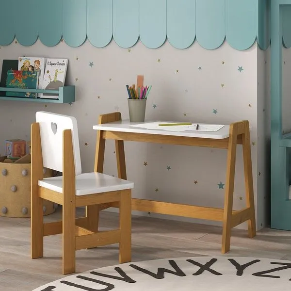 Conjunto Mesa Escrivaninha + 1 Cadeira Infantil Sofia Madeira Maciça / Mdf