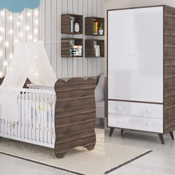 Quarto de Bebê Completo Berço com Guarda roupa 2 Portas 2 Gavetas Pipoca Carvalho/Branco