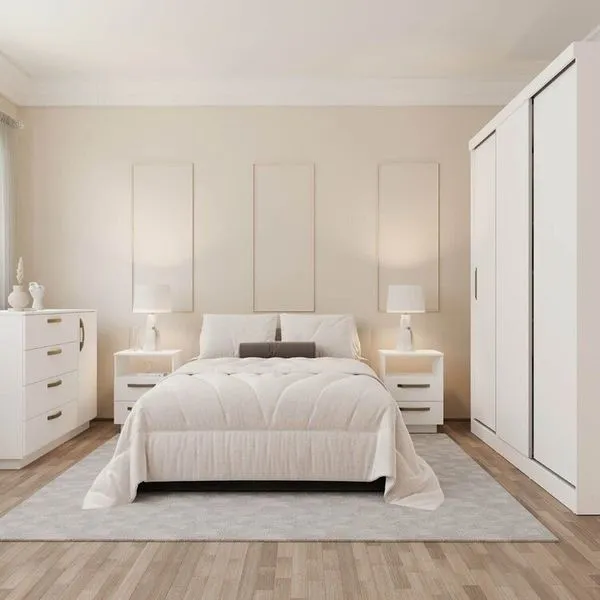 Kit Guarda Roupas 3 Portas, Cômoda e Mesa de Cabeceira Araçá CabeCasa MadeiraOriginals Branco