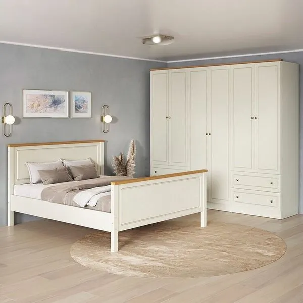 Conjunto Cama Queen Guarda-Roupa 6 Portas Ananda CabeCasa MadeiraOriginals Off White/Mel