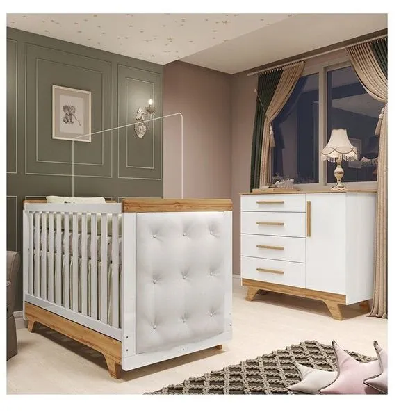 Quarto de Bebê Berço com Capitonê e Cômoda 100% Mdf Retrô Kakau Yescasa Branco Brilho/Amêndoa/Branco