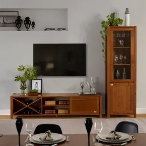 Conjunto Rack e Cristaleira Madeira Maciça Primavera CabeCasa MadeiraOriginals Marrom Marrom