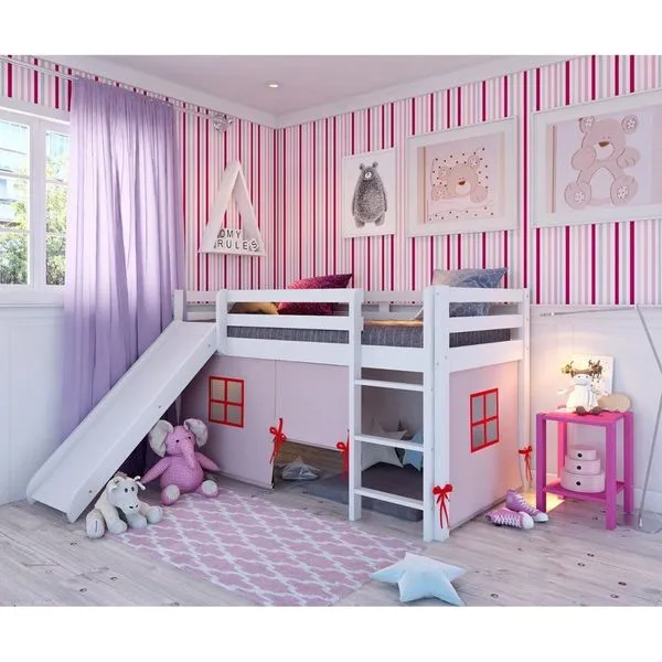 Cama Alta Infantil com Escorregador e Tenda em Madeira Maciça/mdf Branco/Rosa
