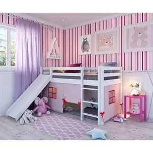 Cama Alta Infantil com Escorregador e Tenda em Madeira Maciça/mdf Branco/Rosa