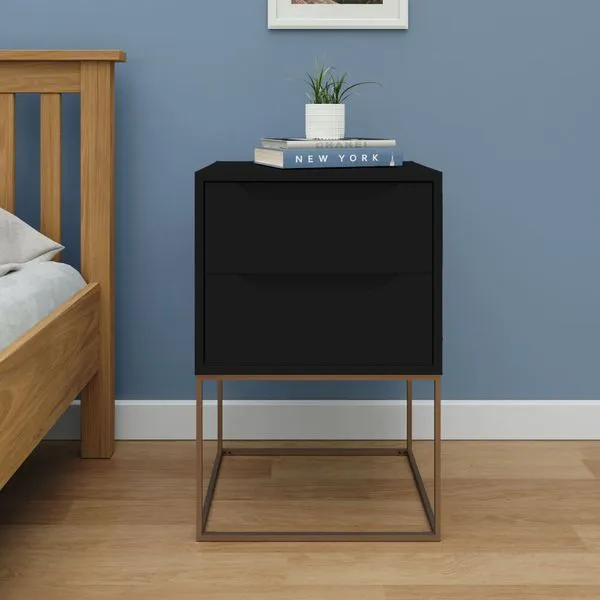Mesa de Cabeceira Celina com 2 Gavetas - Preto/Dourado