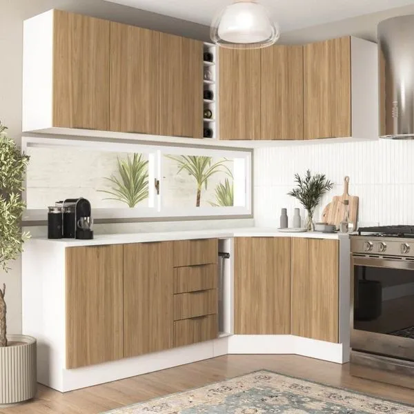 Cozinha Modulada 8 Peças 3 Aéreos 3 Balcões Adega e Toalheiro Ipanema CabeCasa MadeiraOriginals Acácia