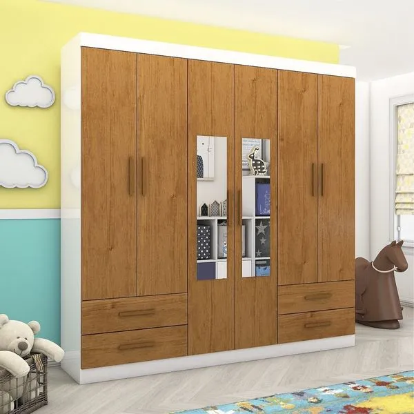 Guarda-roupa 6 Portas 4 Gavetas com Espelho Infantil Perola Branco/Cinamomo