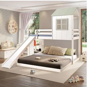 Beliche Solteiro Queen Montessoriano Cabana com Escorregador e Estante Casatema Branco/Verde