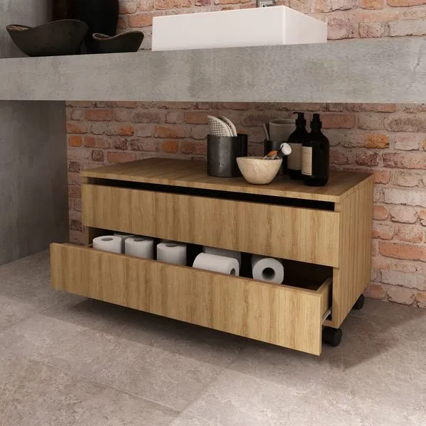 Balcão Gabinete para Banheiro 80cm com Rodízio e 2 Gavetas BN3603 Amendoa