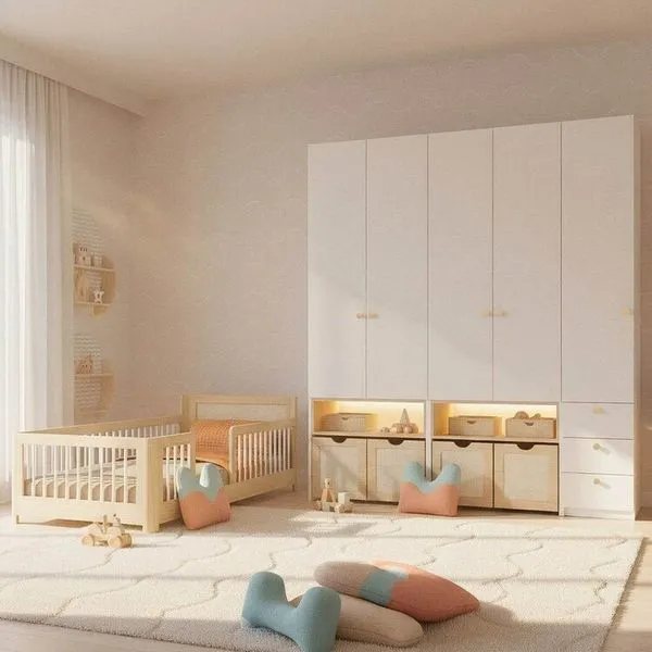 Guarda-roupa Modulado e Cama Solteiro Montessoriano Infantil Wave Casatema Natural/Branco
