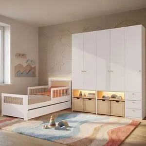 Guarda-roupa Modulado e Bicama Solteiro Reversível Infantil Wave Casatema Branco/Natural