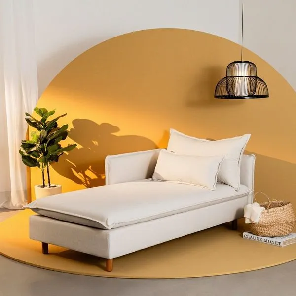 Sofá Modular Chaise Braço Lateral com Pé Madeira Sôma CabeCasa MadeiraOriginals Bege Natural Linho Natural