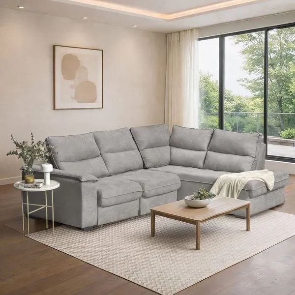 Sofá de Canto com Chaise Lado Esquerdo Retrátil e Reclinável 4 Lugares Chenille Cinza Nest 260cm CabeCasa MadeiraOriginals Cinza