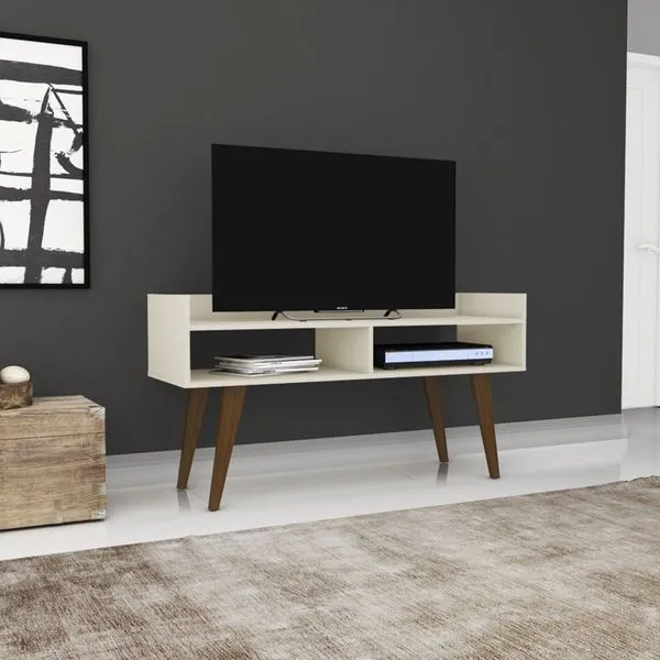 Rack para TV até 40 Polegadas 122cm Pés em Madeira Maciça Aparador Tvs 2 Nichos Rt 3113 Bege Off White Off White