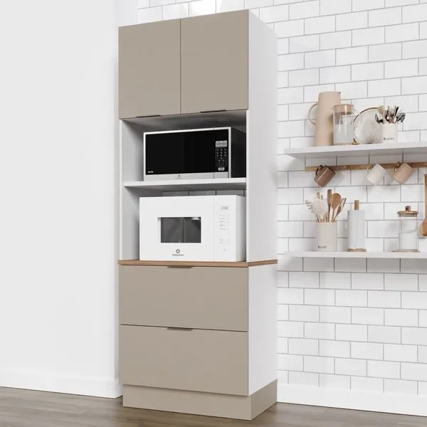 Torre Quente 2 Nichos Forno e Microondas com Rodapé Puxador 150cm Ipanema CabeCasa MadeiraOriginals Fendi Trama/Branco