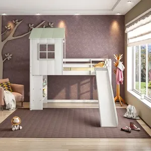 Cama Alta Infantil Cabana Family com Escorregador e Estante Casatema Branco/Verde