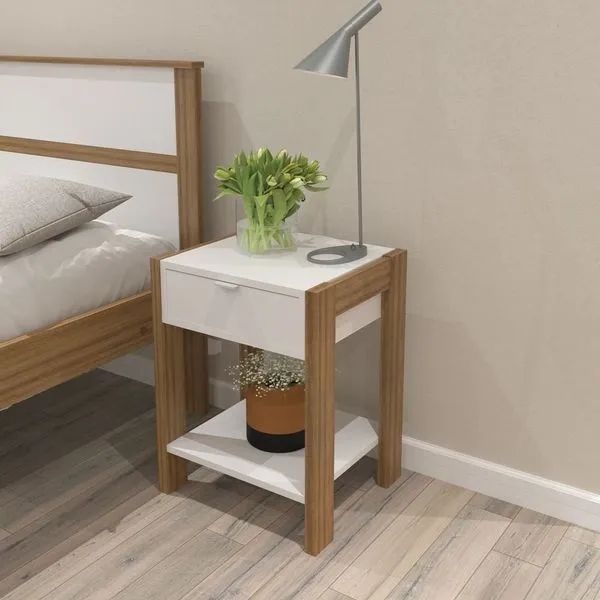 Mesa de Cabeceira Prateleira 1 Gaveta AZ1016 Amêndoa/Branco Amêndoa/Branco