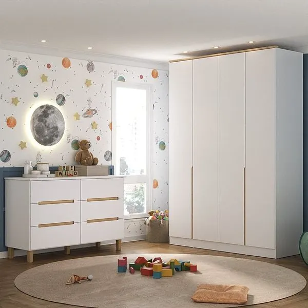 Quarto Infantil / Juvenil com Guarda-Roupa e Cômoda Sky Yescasa Branco/Olmo Italiano