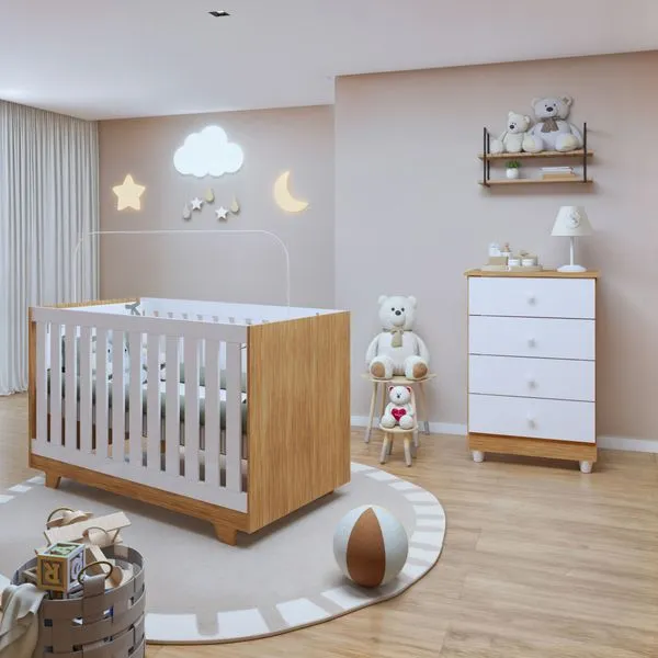 Quarto de Bebê 100% MDF com Berço Mini Cama Life e Cômoda Soft Life Branco/Madeirado Ypê