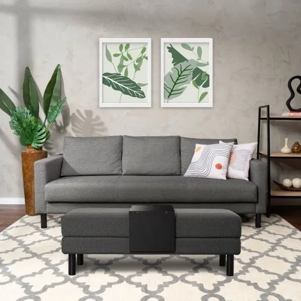 Conjunto Sofá 3 Lugares com Puff Baú 120cm e Bandeja Antúrio CabeCasa MadeiraOriginals Cinza Grafite Grafite