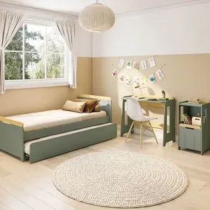 Conjunto Quarto Completo Bicama com LED, Escrivaninha e Estante Petit Casatema Verde/Mel