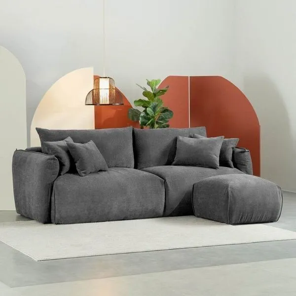 Conjunto Sofá 220cm e Puff Comfy CabeCasa MadeiraOriginals Cinza Grafite Grafite
