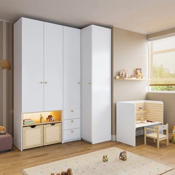 Conjunto Mesa e Cadeira Evolutiva, Prateleira e Guarda Roupa Modulado Wave Casatema Branco/Natural