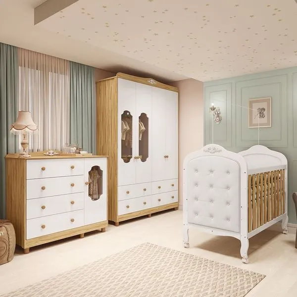 Quarto de Bebê com Guarda-Roupa Cômoda e Berço com Capitonê Maya Provençal 100% MDF Yescasa Branco Brilho/Amêndoa