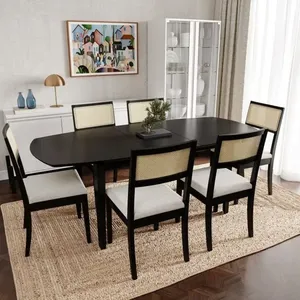 Conjunto Mesa Extensível Oval 6 Cadeira Madeira Maciça Encosto Telado Tiê CabeCasa MadeiraOriginals Preto/Bege Claro