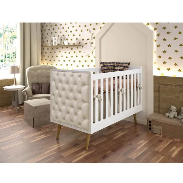Berço Mini Cama Loren com Capitonê - Branco Madeira