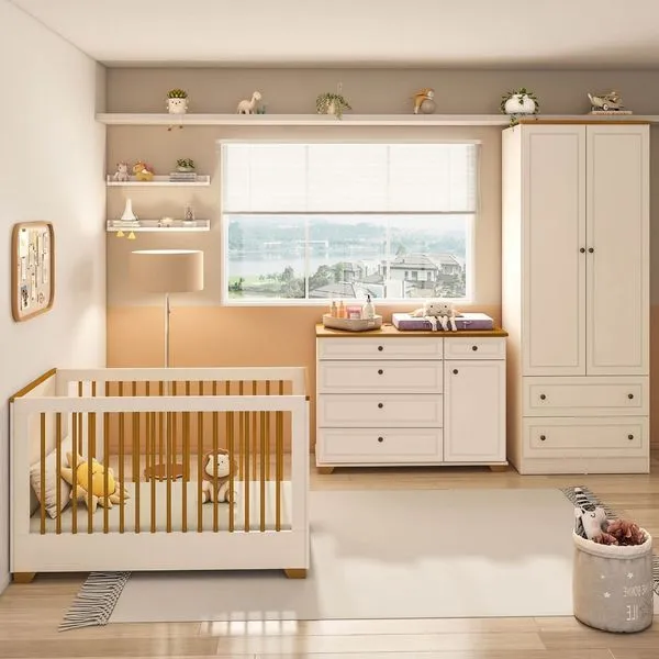 Quarto de Bebê Completo 1 Berço 1 Cômoda e 1 Guarda Roupa Baby Ananda Casatema OffWhite/Mel