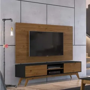 Rack para TV até 65 Polegadas MDF 185cm Pés em Madeira Maciça 2 Gavetas Club Preto/Garapa Preto/Garapa