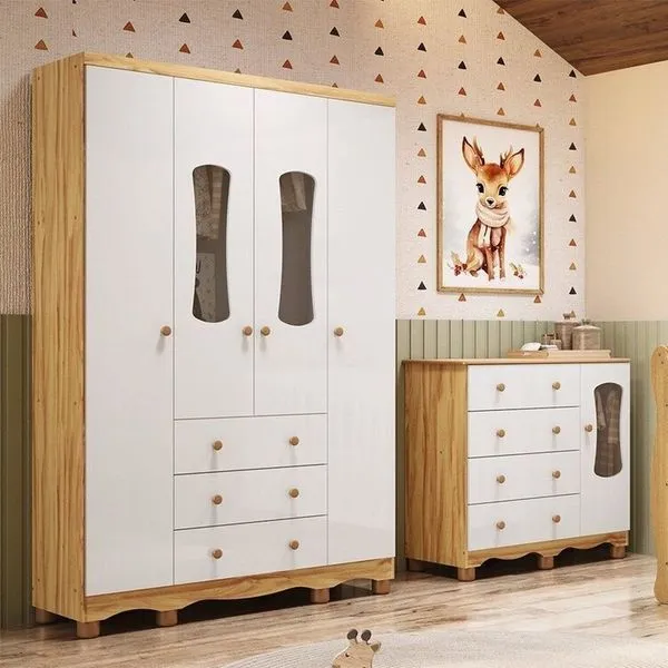 Quarto Infantil com Guarda-roupa 4 Portas e Cômoda com Janelas 100% Mdf Lana Espresso Móveis Branco Brilho/Amêndoa