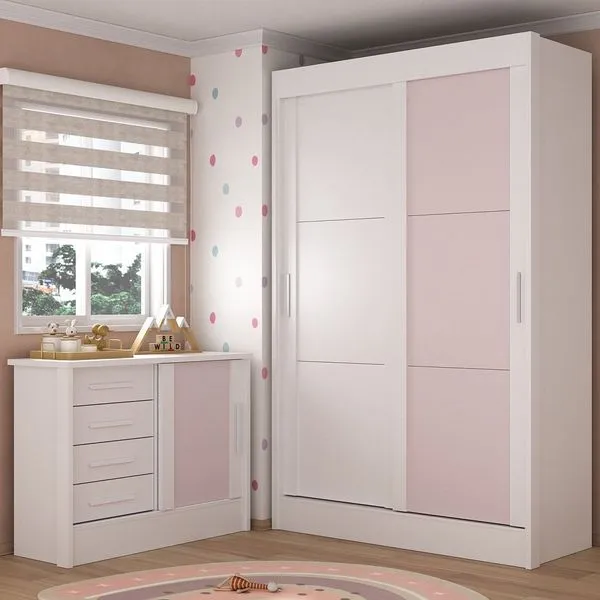 Quarto Infantil Completo Guarda-roupa 2 Portas 2 Gavetas com Cômoda Maya Espresso Móveis Branco/Rosa
