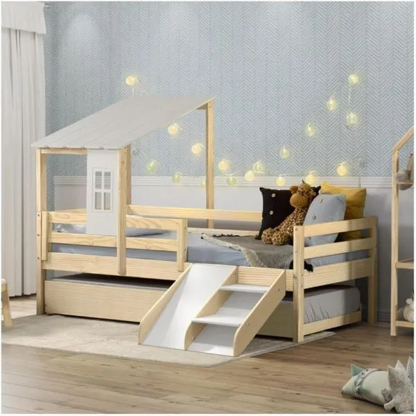 Bicama Solteiro Infantil Prime Telhadinho II e Escadinha/Escorrega Casatema Natural/Branco