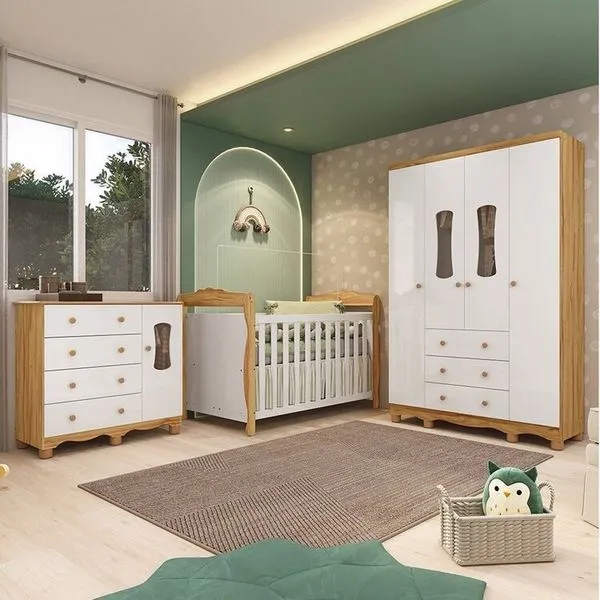 Quarto de Bebê Completo Berço 3 em 1, Guarda-roupa 4 Portas e Cômoda 100% MDF Aurora Espresso Móveis Branco Brilho/Amêndoa