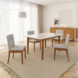 Conjunto Mesa de Jantar Tangará 160cm e 4 Cadeiras Estofadas Tiê Maxx CabeCasa MadeiraOriginals Caramelo/Bege Claro