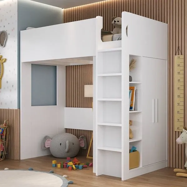 Cama Alta Infantil/Juvenil com Armário e Nichos Branco