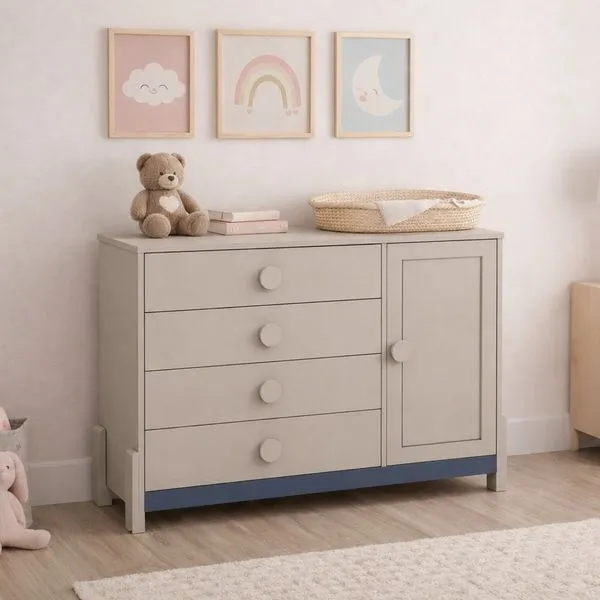 Cômoda Infantil 4 Gavetas com Porta e Cabideiro Luna AREIA / AZUL PETROLEO