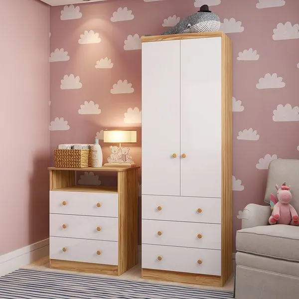 Quarto Infantil com Guarda-roupa 2 Portas 3 Gavetas e Cômoda 3 Gavetas Teka Espresso Móveis Branco Brilho/Amêndoa