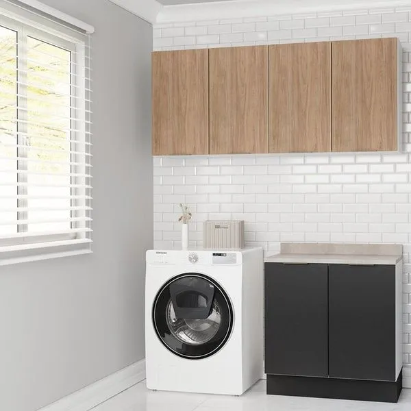 Lavanderia Modulada 3 Peças 2 Armários Aéreos 1 Balcão 2 Portas Ipanema CabeCasa MadeiraOriginals Grafite Trama/Acácia