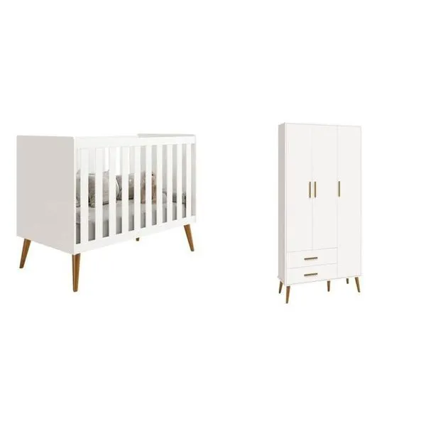 Quarto de Bebê Completo com Guarda Roupa 3 Portas 2 Gavetas e Berço Isis Branco