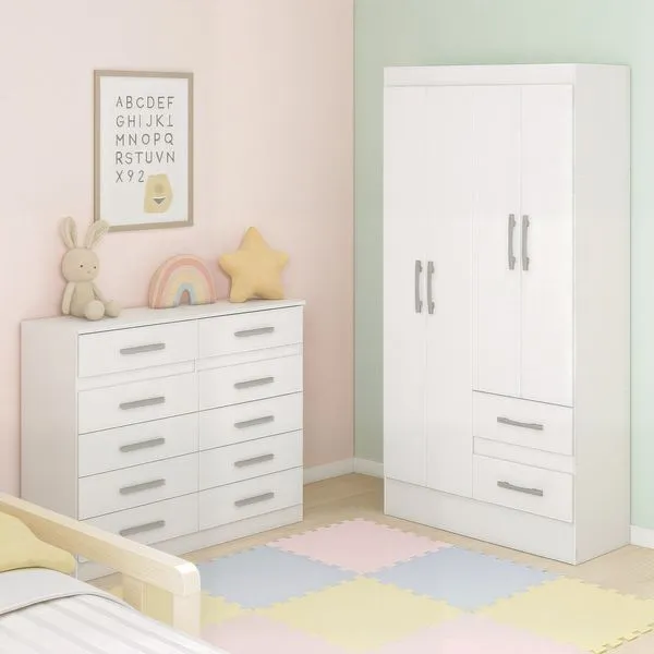 Quarto Infantil com Cômoda 10 Gavetas e Guarda-Roupa 4 Portas e 2 Gavetas Ninho Branco