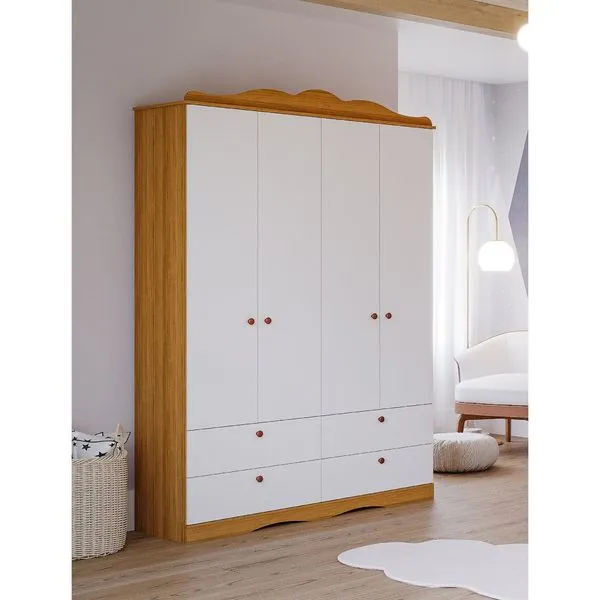 Guarda Roupa de Bebê 4 Portas 4 Gavetas Aquarela Espresso Móveis Nature/Branco