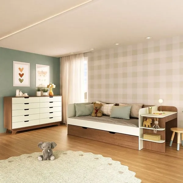 Quarto Infantil Cama de Solteiro 3 em 1 e Cômoda 10 Gavetas em Mdf Premium Helena e Alice Off White/ Castanho