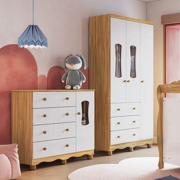 Quarto Infantil com Guarda-roupa 3 Portas e Cômoda com Janelas 100% Mdf Lana Espresso Móveis Branco Brilho/Amêndoa